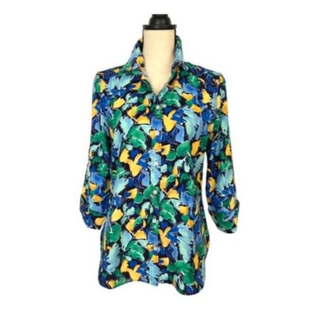 CHICOS Abstract Floral Button Down Shirt Top Size 6 Blue Green Cotton Blend